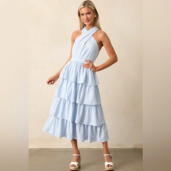 Skies Are Blue Tiered Striped Halter Maxi Dress Blue & White - Picture 1 of 5